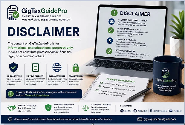 Disclaimer 1 GigTaxGuidePro disclaimer page outlining informational content, affiliate disclosure, earnings disclaimer, and user responsibility for tax compliance.