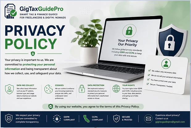 Privacy Policy 1 Gig Tax Guide Pro Privacy Policy page explaining data collection, cookies, user privacy rights, and website security practices.