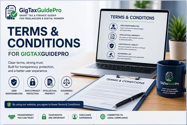 Freelancer reviewing GigTaxGuidePro terms and conditions on a laptop before using tax resources