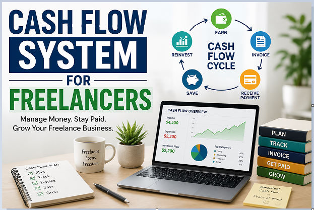 Freelancer building a cash flow system on a laptop with income and expense spreadsheets