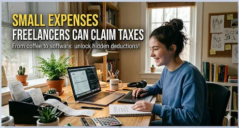 Small Expenses Freelancers Can Claim Taxes 2026 2 Digital nomad tracking travel, software, and payment fees on a laptop while working remotely.