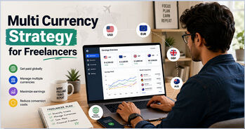What Is a Multi Currency Strategy for Freelancers? 2027 2 : Freelancer managing a multi currency strategy on a laptop with international payment icons.