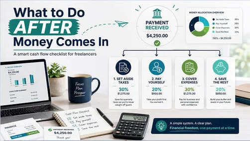 A freelancer reviewing two calendars - one with weekly checkmarks and one with a single monthly review - while looking at a laptop with cash flow charts