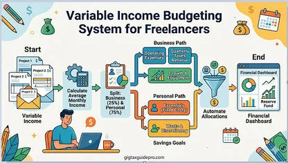 Variable Income Budgeting System for Freelancers: The Complete Guide 2 A line graph demonstrating how a rolling financial buffer creates a stable monthly freelance salary despite irregular client payments.