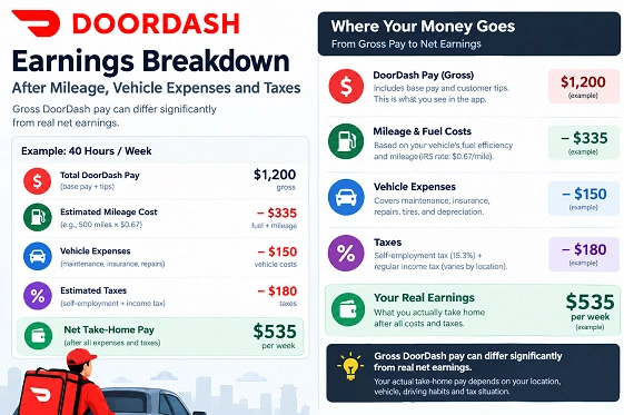 DoorDash earnings breakdown after mileage, vehicle expenses and taxes