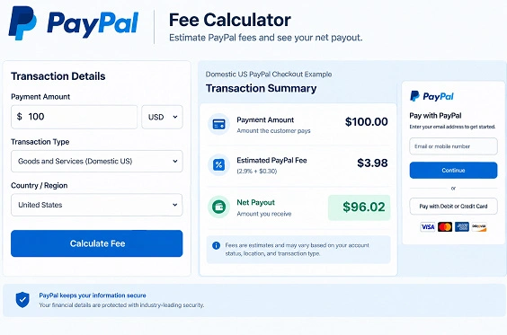 PayPal Fee Calculator: Fees, Payouts & Pricing 1 PayPal fee calculator showing a $100 payment, $3.98 estimated fee, and $96.02 net payout
