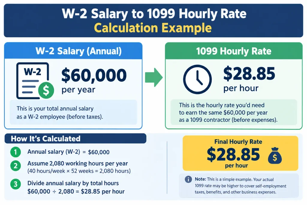 1099 vs W-2 Calculator 2026: Compare Take-Home Pay 1 W-2 salary to 1099 hourly rate calculation example